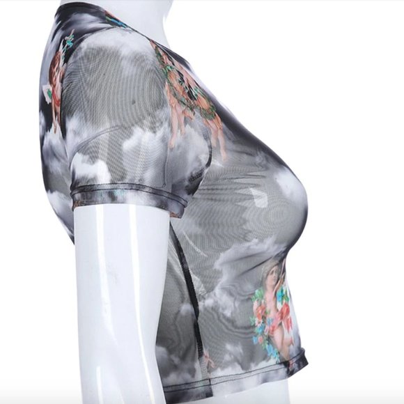 Medium Sheer Cupid Print Mesh Short Sleeve Crop - Picture 6 of 6